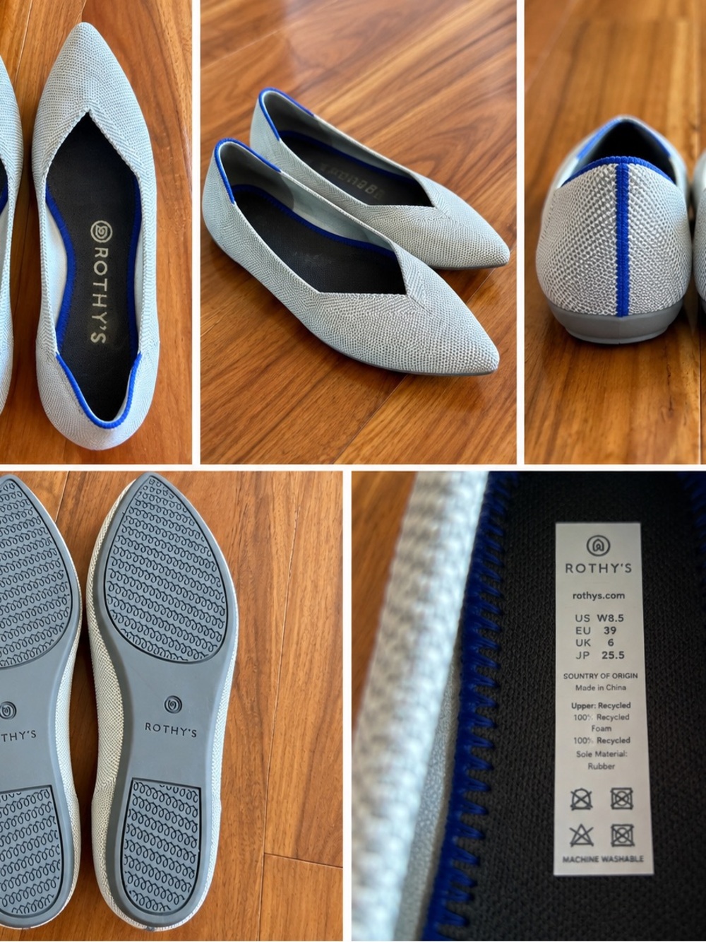 Rothy’s The Point Flats Women’s 8.5 Gray Blue Pointed Toe